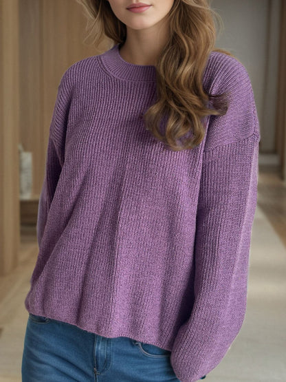 Solid Color Round Neck Long Sleeve Sweater-Angel Casuals