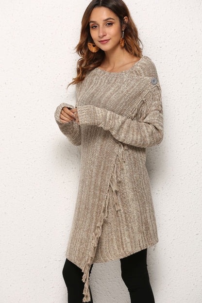 One-Button Tassel Tie Asymmetrical Hem Cardigan-Angel Casuals