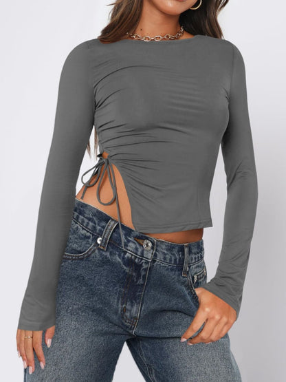 Tied Slit Round Neck Long Sleeve T-Shirt-Angel Casuals