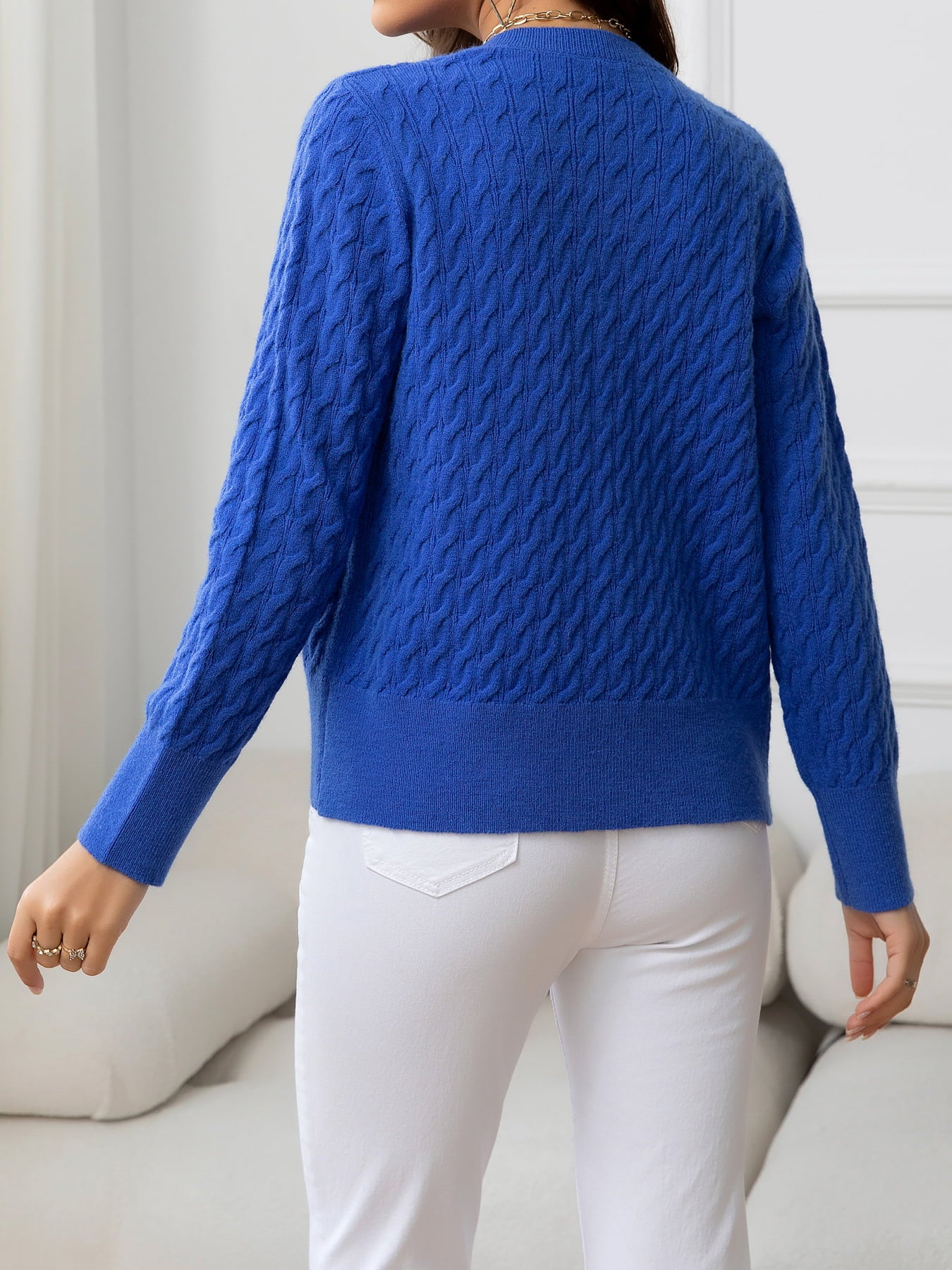 Round Neck Cable-Knit Buttoned Knit Top-Angel Casuals