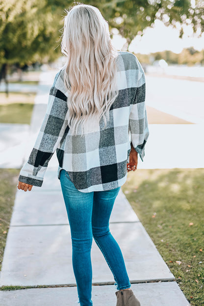 Plaid Button Up Dropped Shoulder Jacket-Angel Casuals