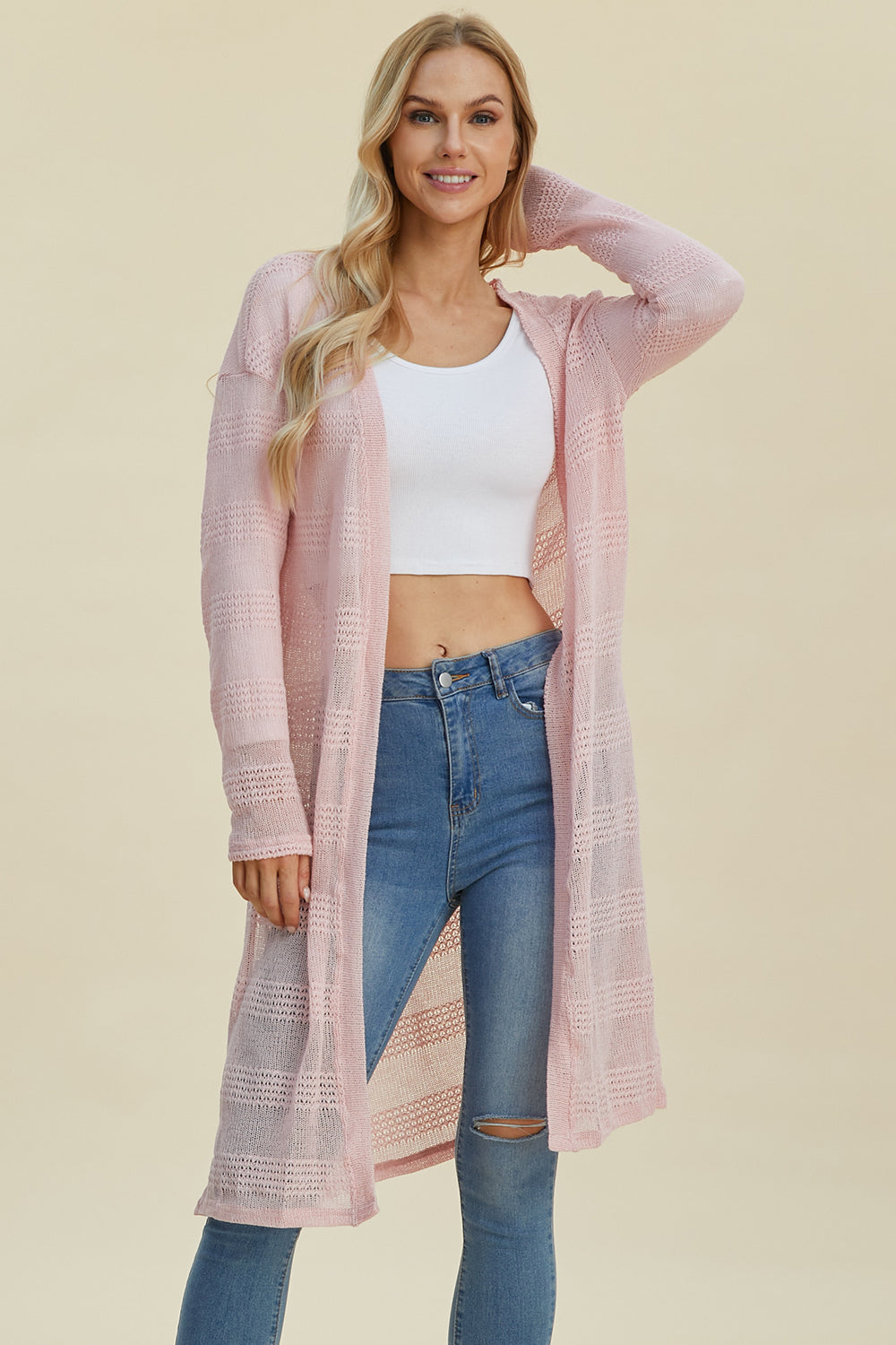 Double Take Full Size Open Front Longline Cardigan-Angel Casuals