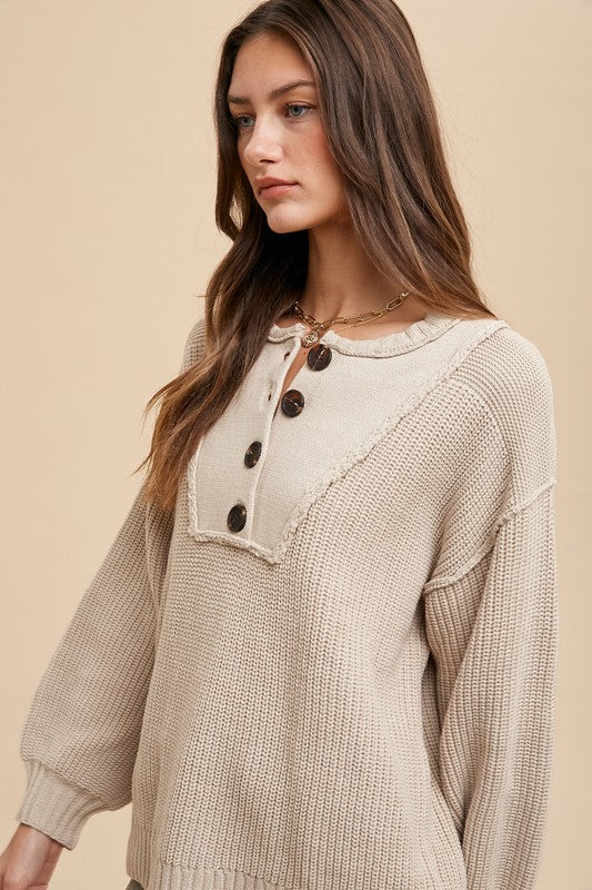 Annie Wear Half Button Ribbed Hem Sweater-Angel Casuals