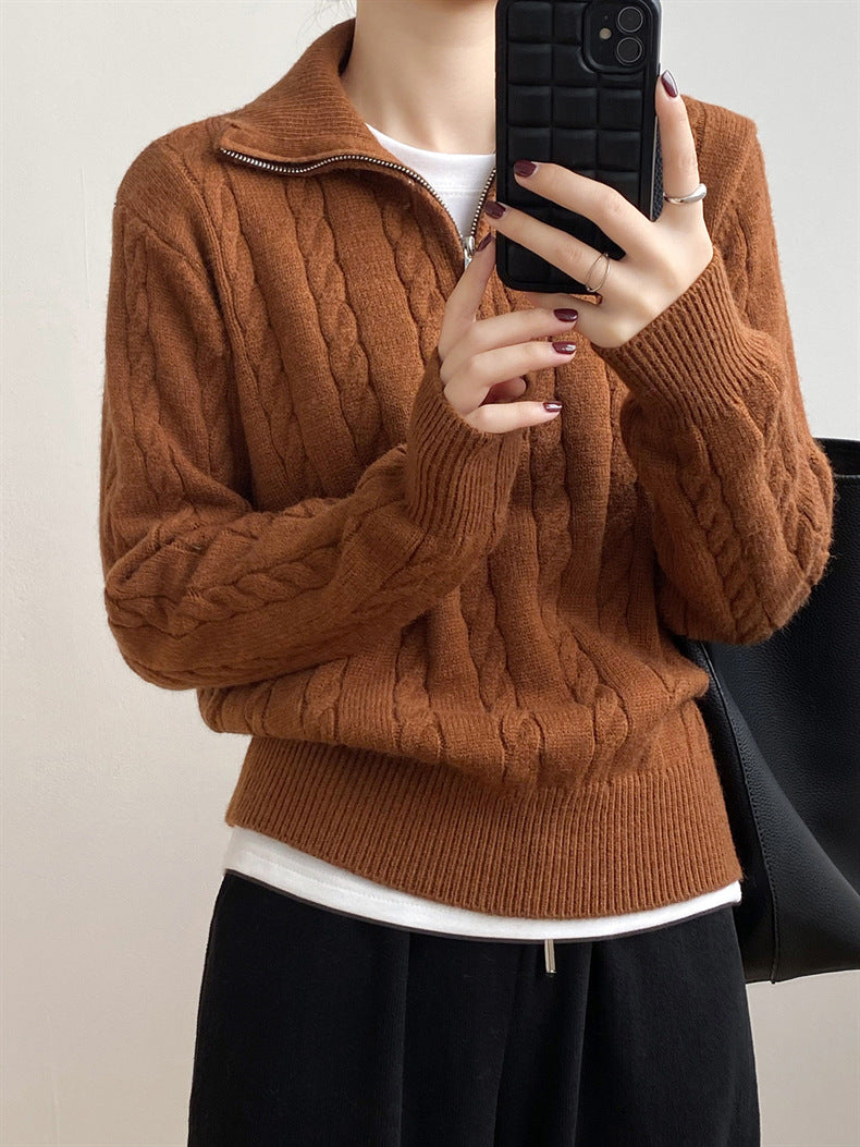 Cable-Knit Half Zip Long Sleeve Sweater-Angel Casuals