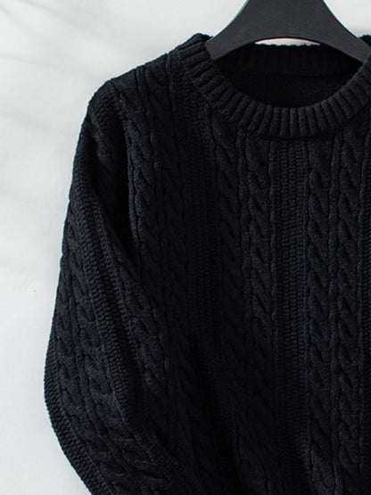 Cable-Knit Round Neck Long Sleeve Sweater-Angel Casuals