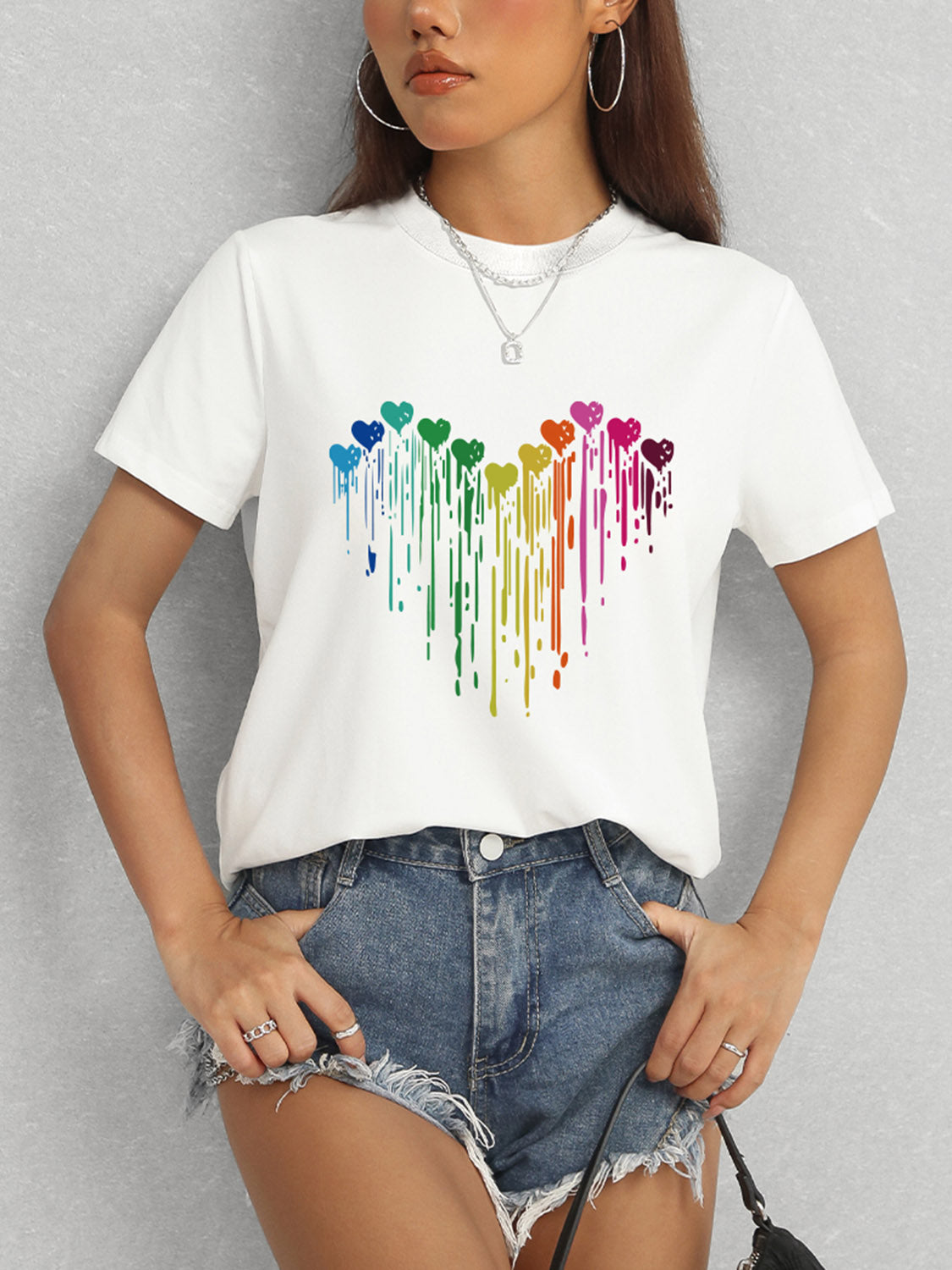 Heart Round Neck Short Sleeve T-Shirt-Angel Casuals