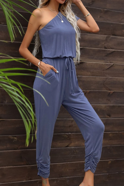 Drawstring Waist One-Shoulder Jumpsuit with Pockets-Angel Casuals