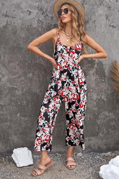 Botanical Print Spaghetti Strap Cropped Jumpsuit-Angel Casuals