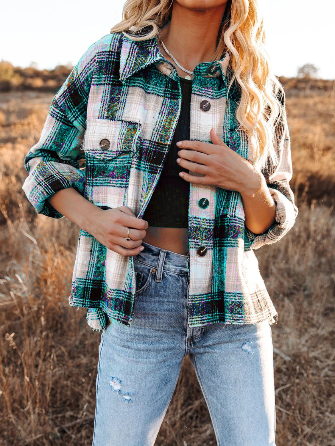 Pocketed Plaid Button Down Long Sleeve Shacket-Angel Casuals