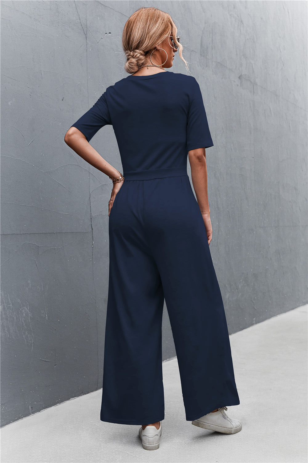 Scoop Neck Half Sleeve Wide Leg Jumpsuit-Angel Casuals