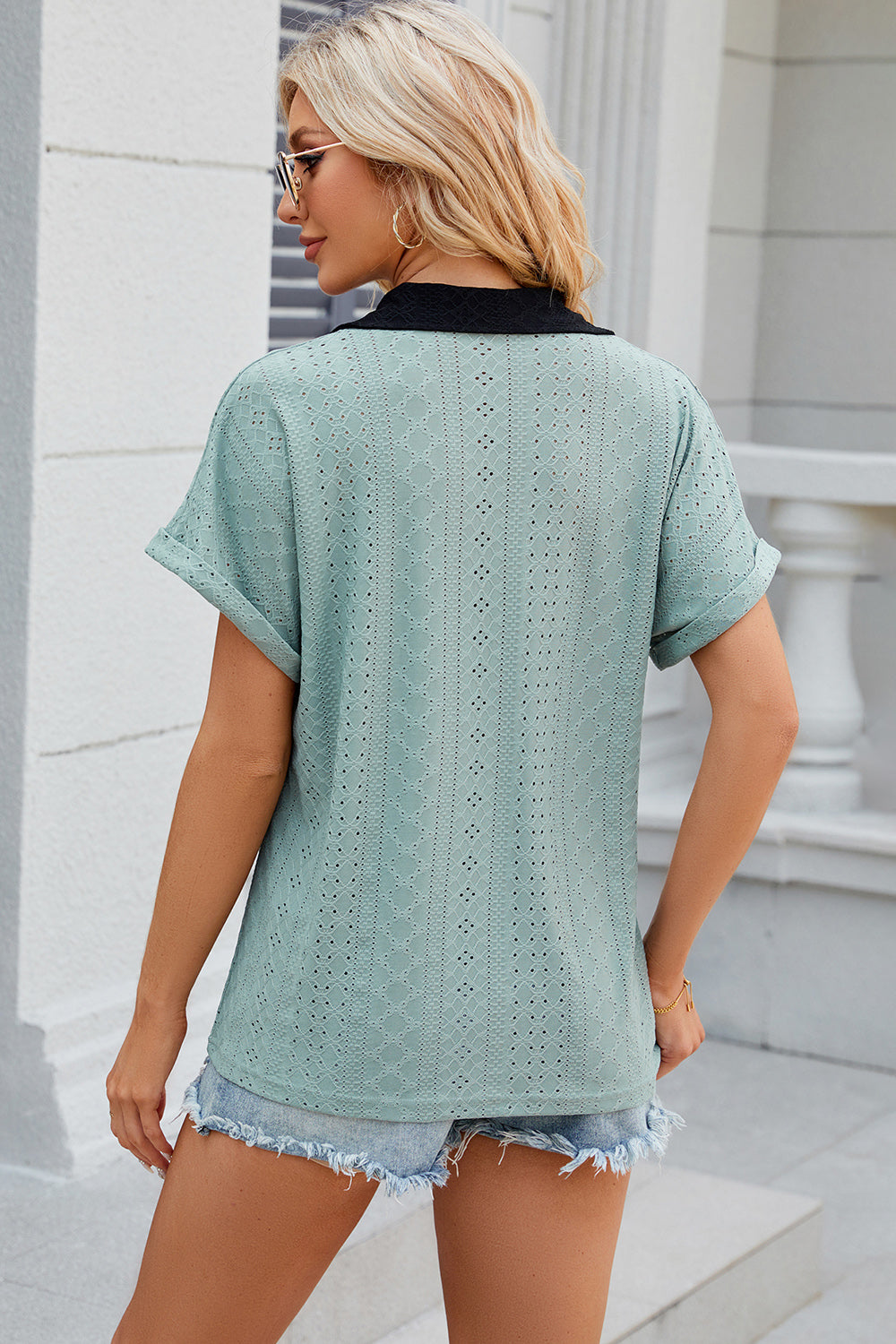 Eyelet Johnny Collar Short Sleeve T-Shirt-Angel Casuals