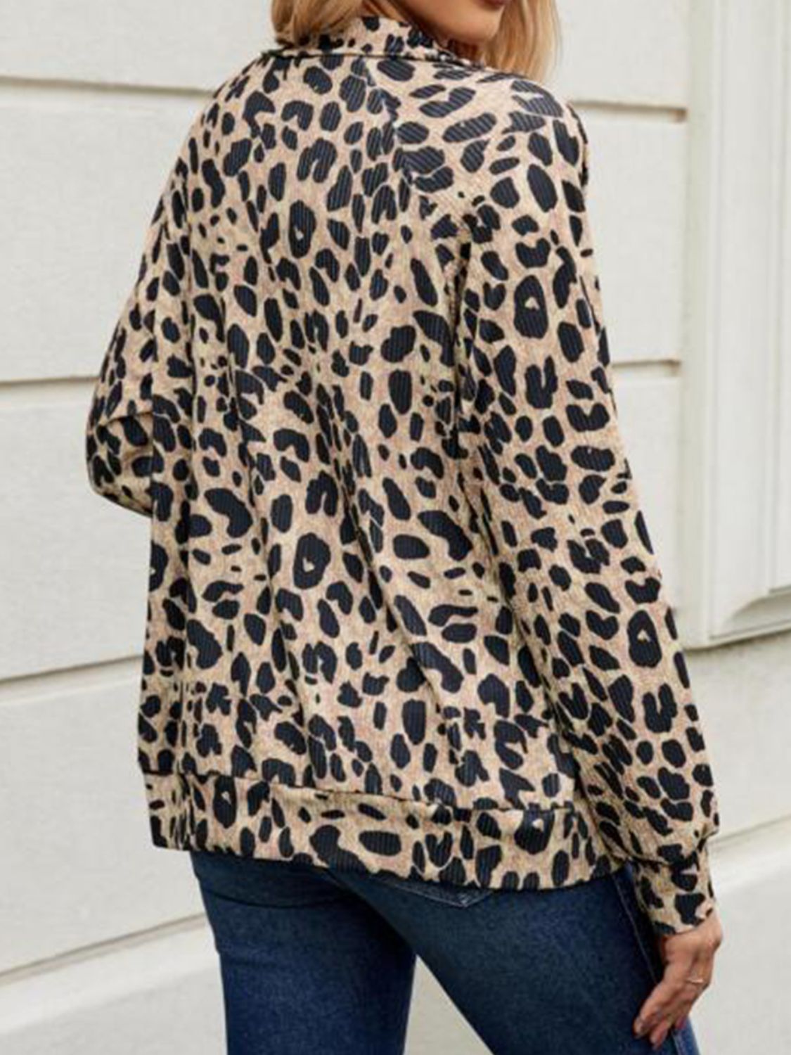 Full Size Leopard Collared Neck Zip Up Jacket-Angel Casuals