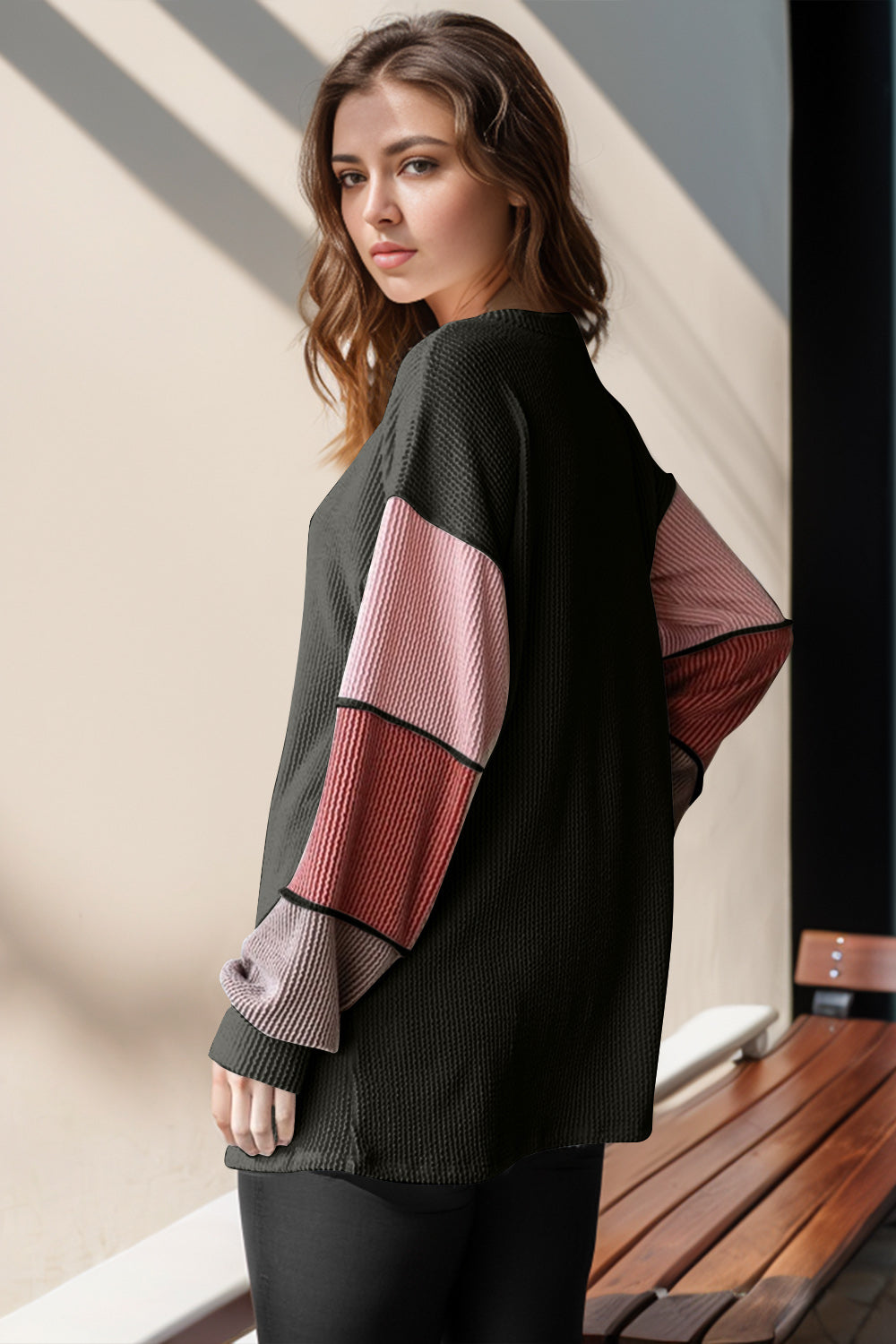 Double Take Full Size Color Block Round Neck Long Sleeve T-Shirt-Angel Casuals
