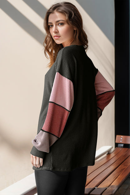 Double Take Full Size Color Block Round Neck Long Sleeve T-Shirt-Angel Casuals