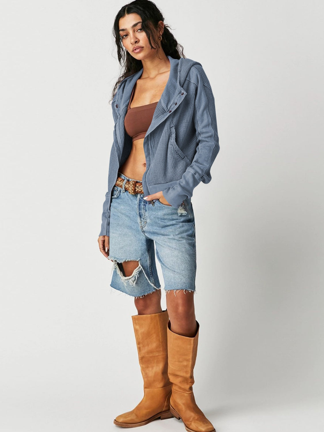 Waffle-Knit Dropped Shoulder Hooded Jacket-Angel Casuals