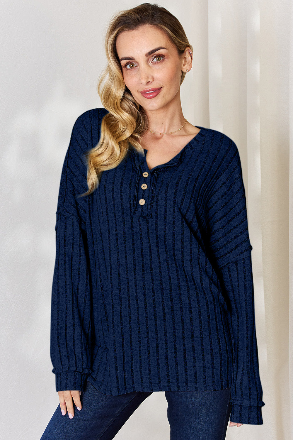 Basic Bae Full Size Ribbed Half Button Long Sleeve T-Shirt-Angel Casuals