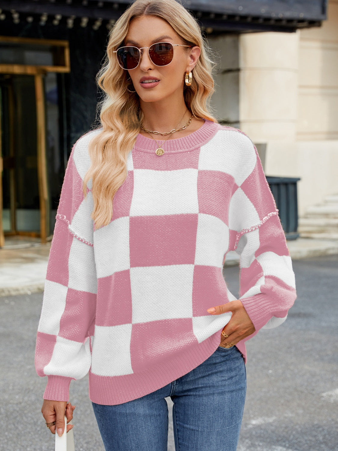 Checkered Round Neck Long Sleeve Sweater-Angel Casuals