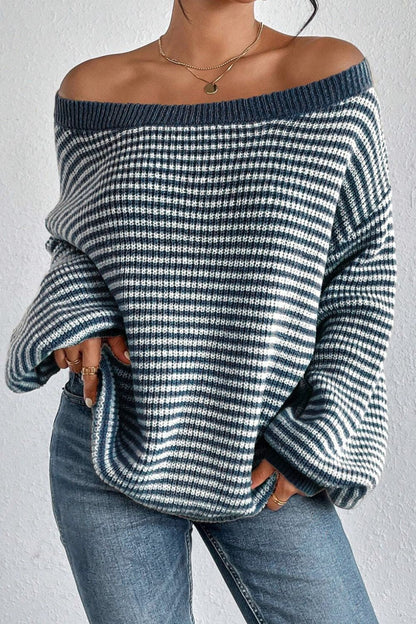 Striped Boat Neck Long Sleeve Sweater-Angel Casuals