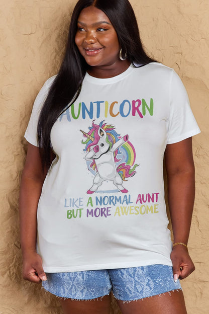 Simply Love Full Size AUNTICORN LIKE A NORMAL AUNT BUT MORE AWESOME Graphic Cotton Tee-Angel Casuals