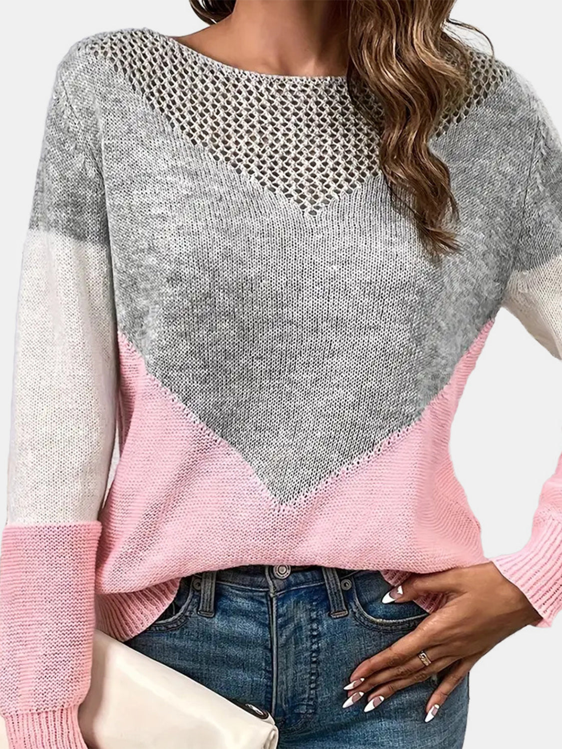 Openwork Contrast Round Neck Long Sleeve Knit Top-Angel Casuals