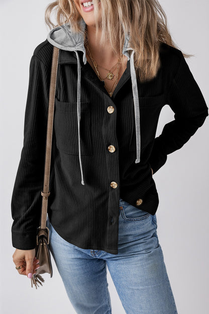 Drawstring Button Up Long Sleeve Hooded Jacket-Angel Casuals