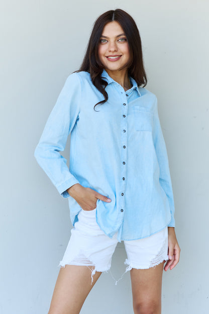 Doublju Blue Jean Baby Denim Button Down Shirt Top in Light Blue-Angel Casuals