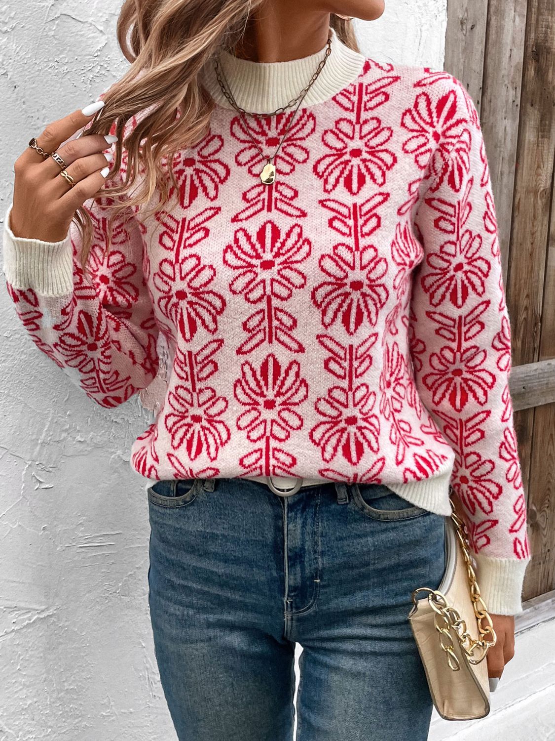 Perfee Flower Round Neck Long Sleeve Sweater-Angel Casuals