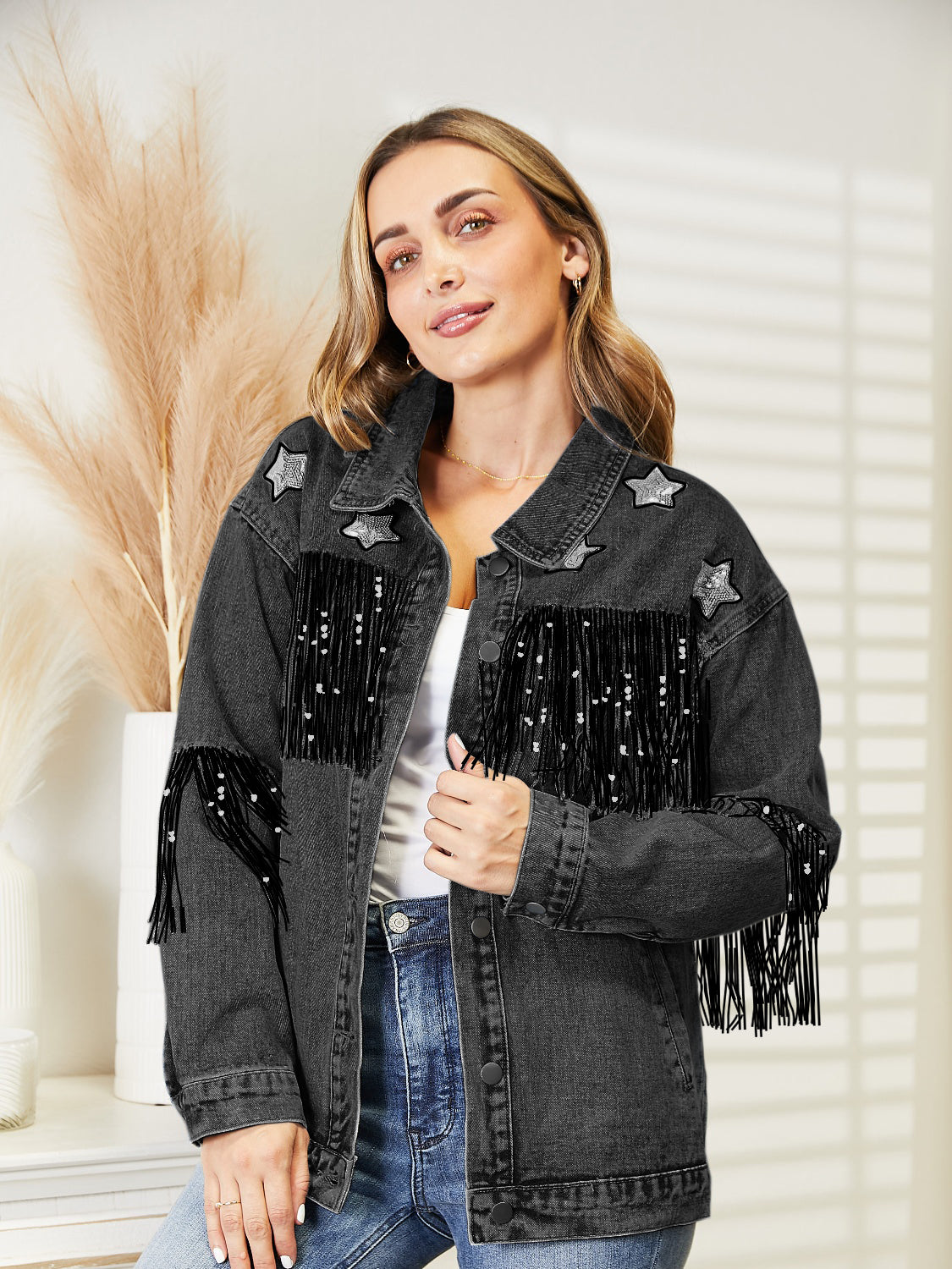 Fringe Detail Long Sleeve Denim Jacket-Angel Casuals