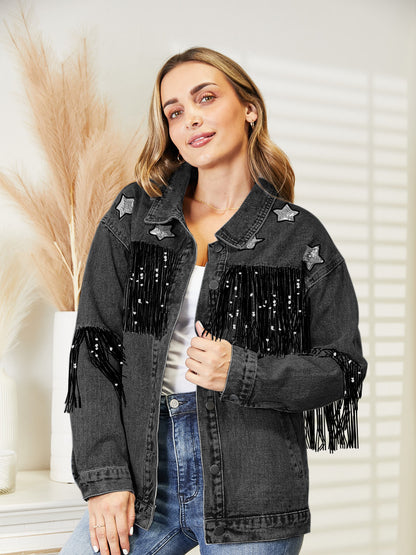 Fringe Detail Long Sleeve Denim Jacket-Angel Casuals