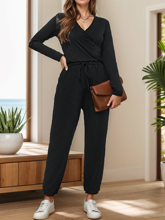 Surplice Tie Waist Long Sleeve Jumpsuit-Angel Casuals