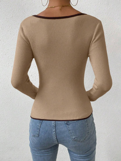 Contrast Trim Long Sleeve Knit Top-Angel Casuals