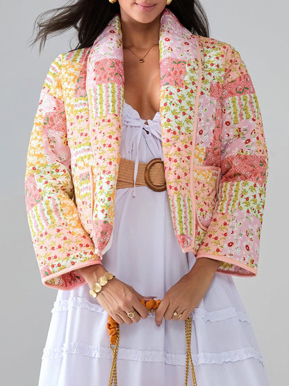 Printed Patchwork Open Front Cardigan with Pockets-Angel Casuals