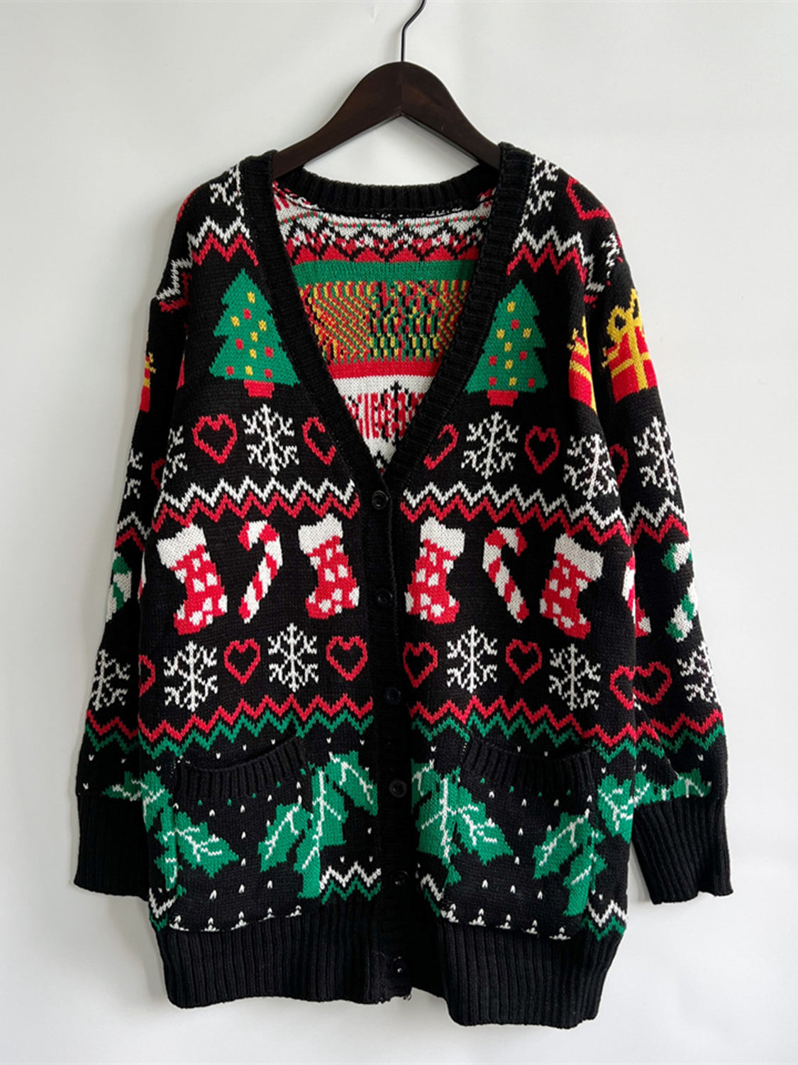 Printed Button Up V-Neck Long Sleeve Cardigan with Pockets-Angel Casuals