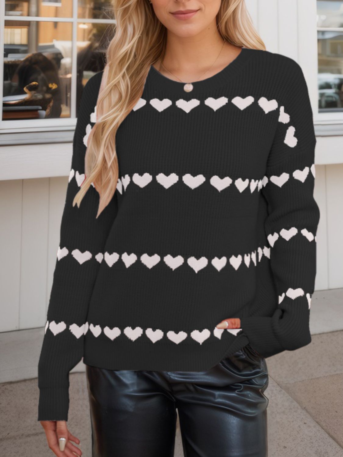 Heart Round Neck Long Sleeve Sweater-Angel Casuals