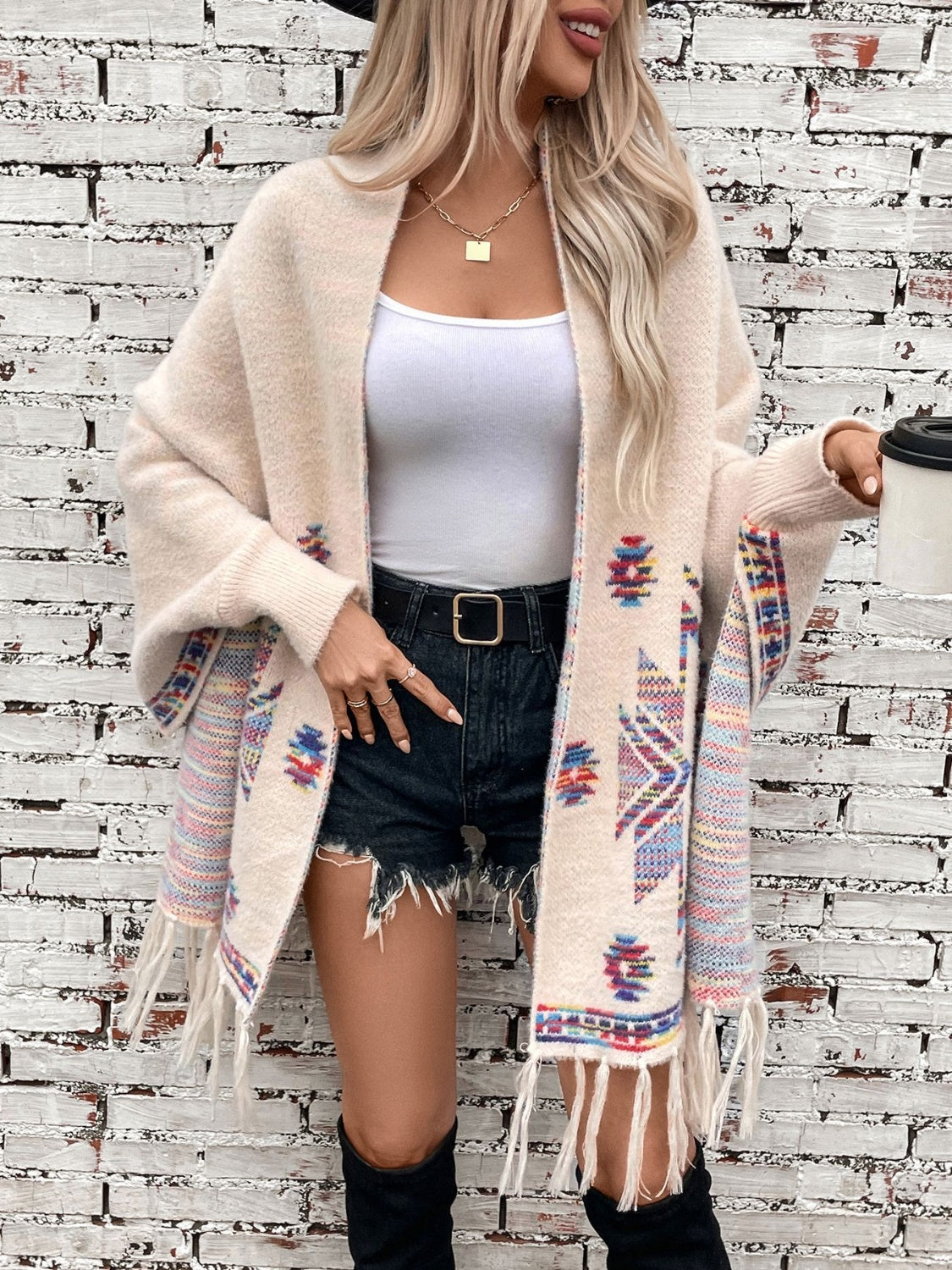 Fringe Geometric Open Front Long Sleeve Cape-Angel Casuals