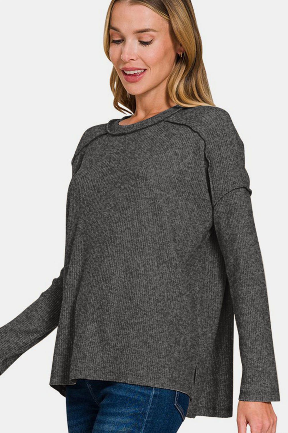 Zenana Full Size Exposed Seam Brushed Round Neck Sweater-Angel Casuals