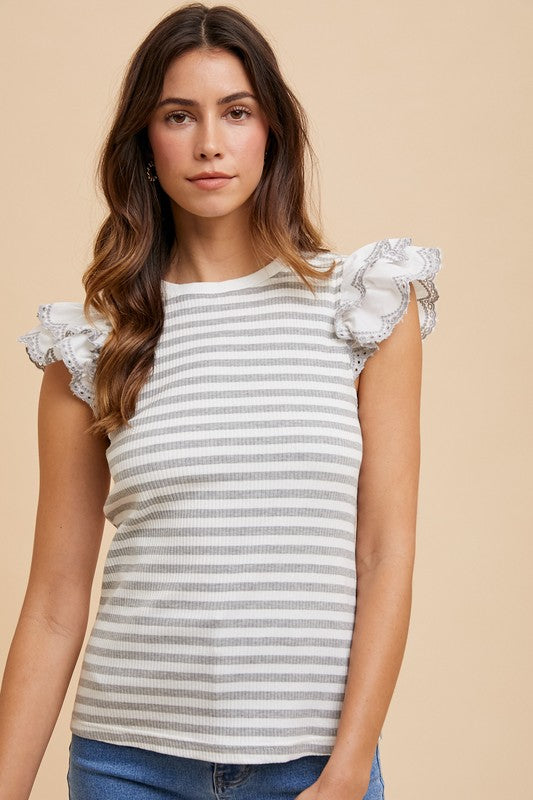 Annie Wear Ruffled Striped Round Neck Cap Sleeve Knit Top-Angel Casuals