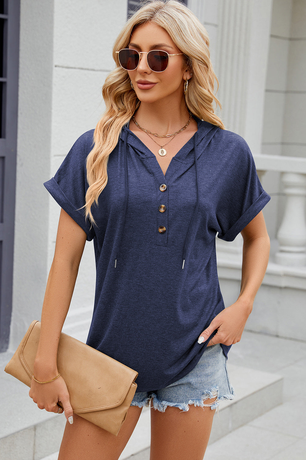 Half Button Drawstring Short Sleeve Hooded T-Shirt-Angel Casuals