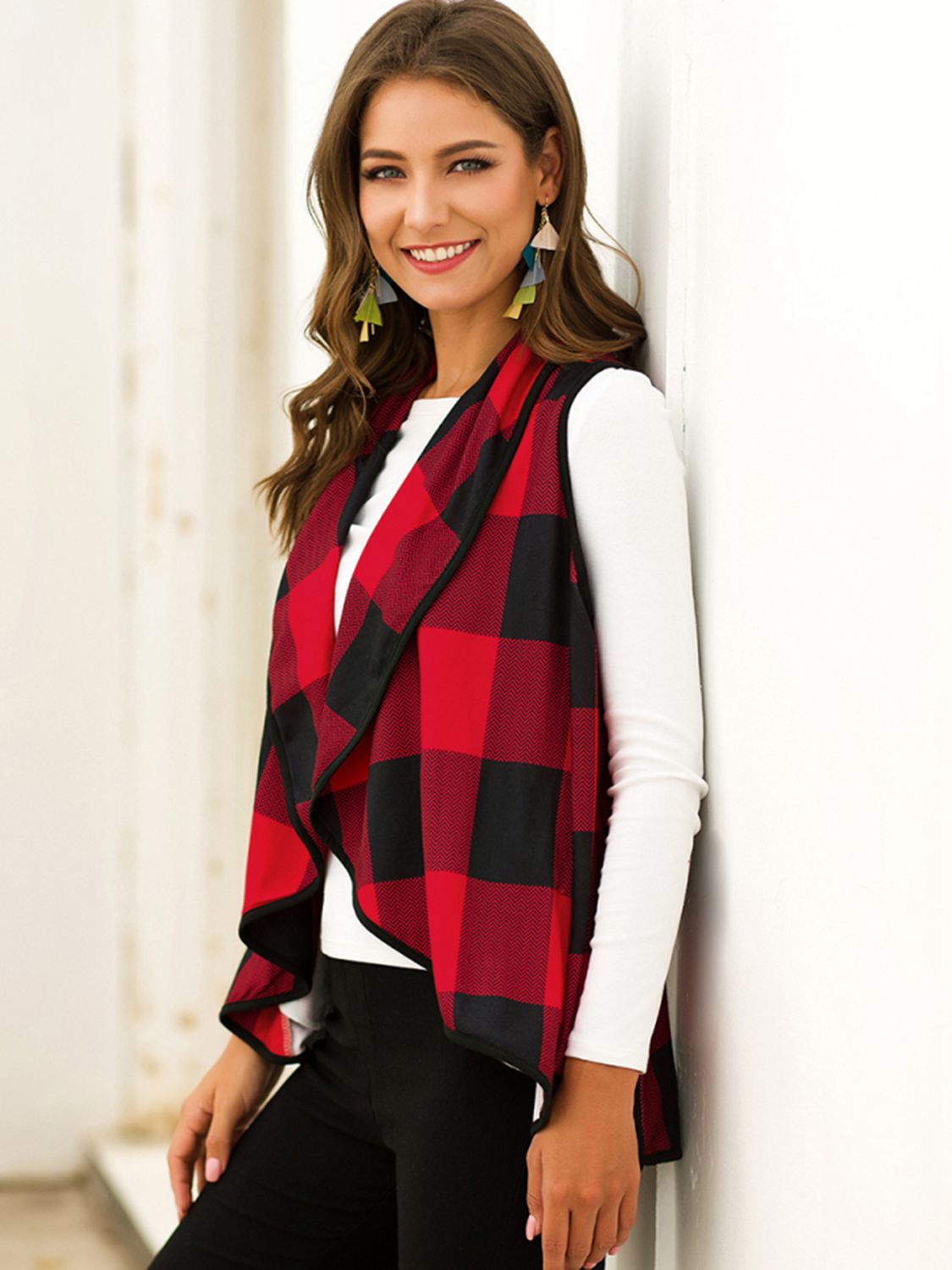 Plaid Open Front Sleeveless Cardigan-Angel Casuals