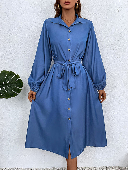 Button-Down Tie Waist Collared Neck Dress-Angel Casuals