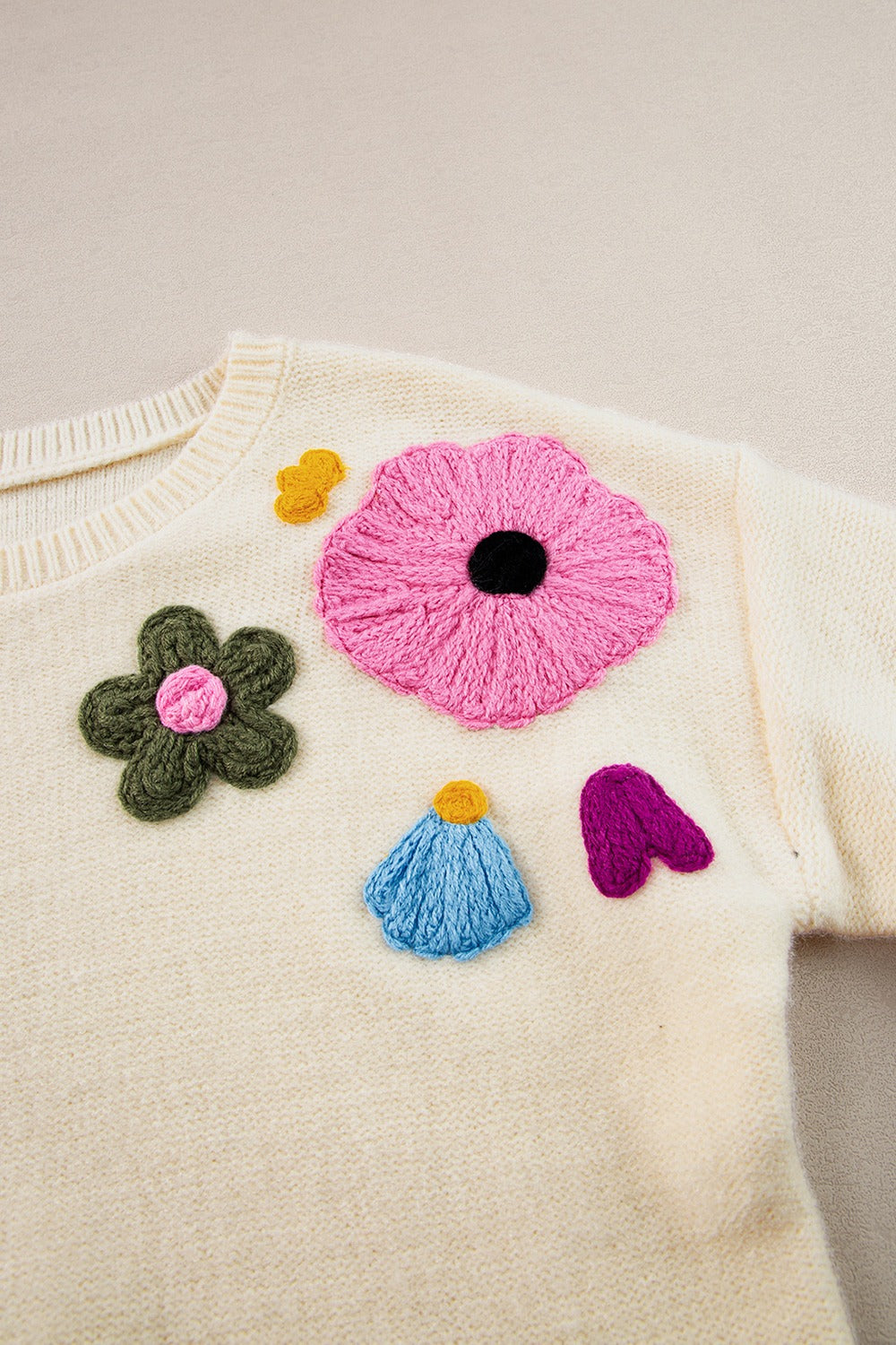 Crochet Flower Round Neck Dropped Shoulder Sweater-Angel Casuals