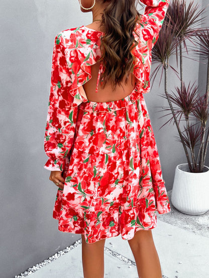 Backless Printed V-Neck Flounce Sleeve Dress-Angel Casuals