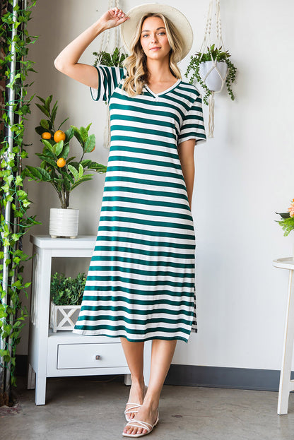 Striped V-Neck Short Sleeve Side Slit Dress-Angel Casuals