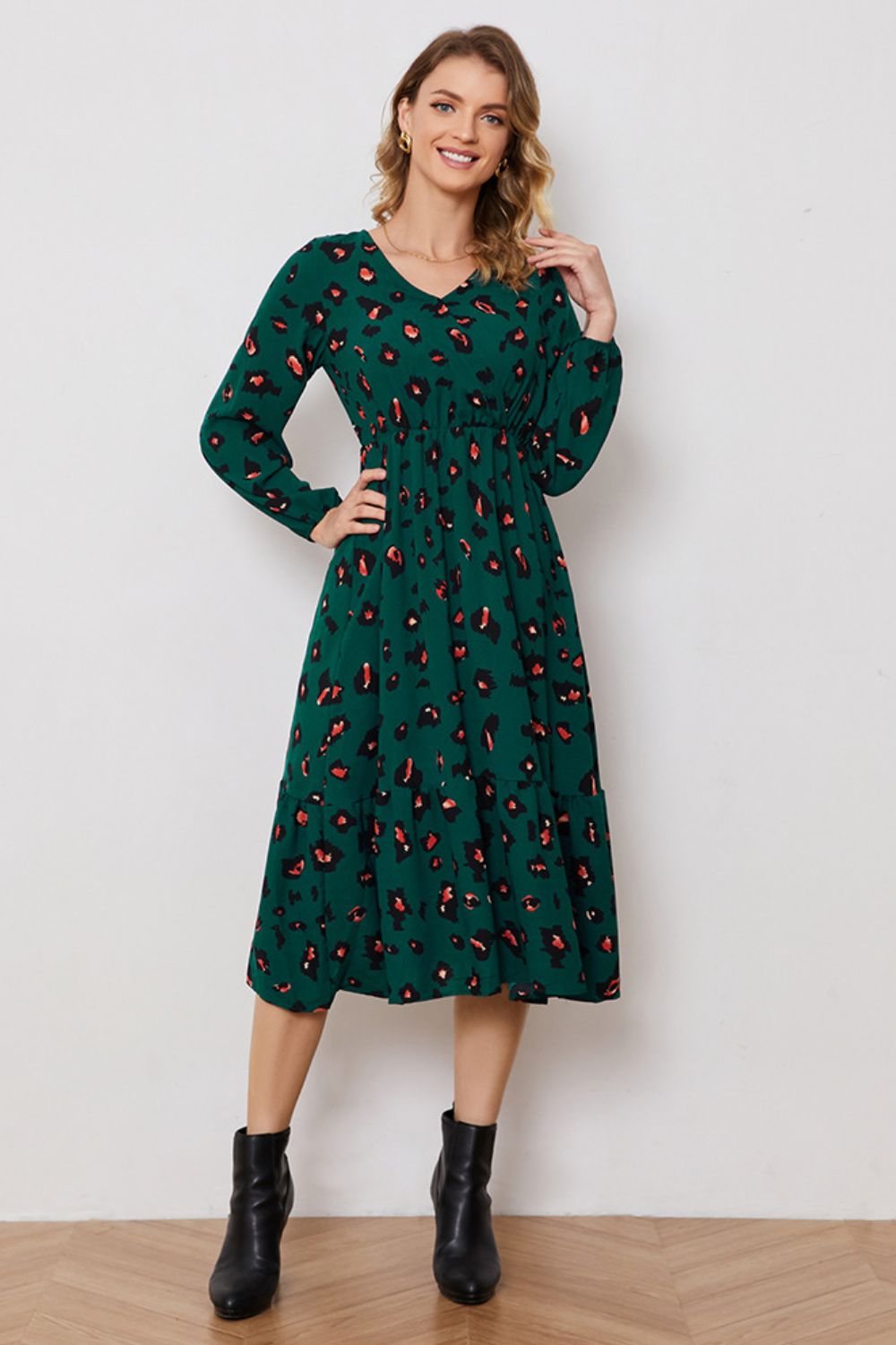 Printed Surplice Neck Long Sleeve Dress-Angel Casuals