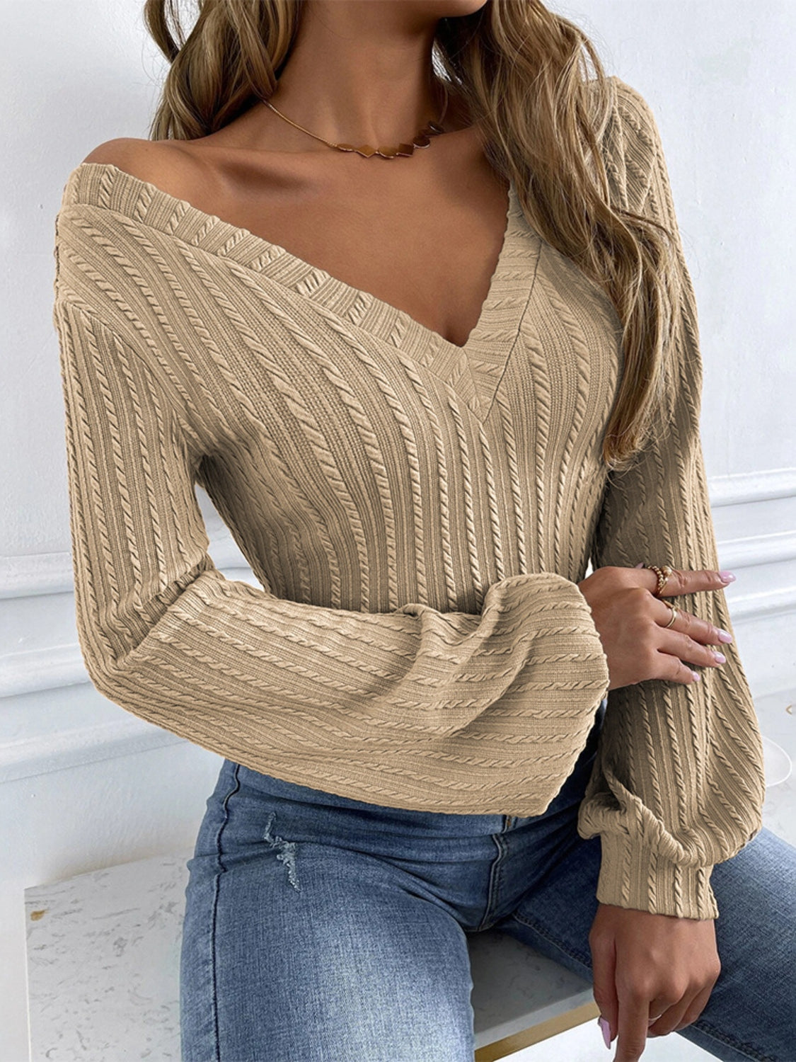 Cable-Knit V-Neck Long Sleeve Knit Top-Angel Casuals