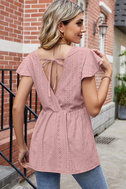 Tied Ruffled Round Neck Peplum T-Shirt-Angel Casuals