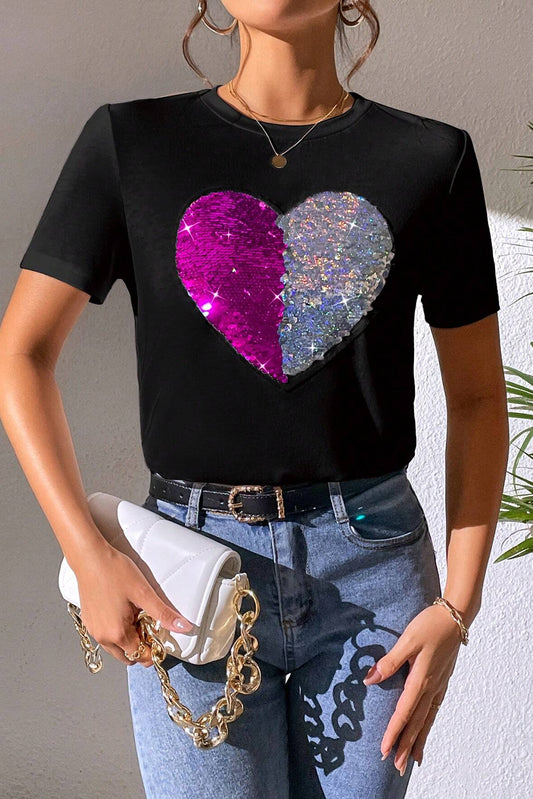 Heart Sequin Round Neck Short Sleeve T-Shirt-Angel Casuals