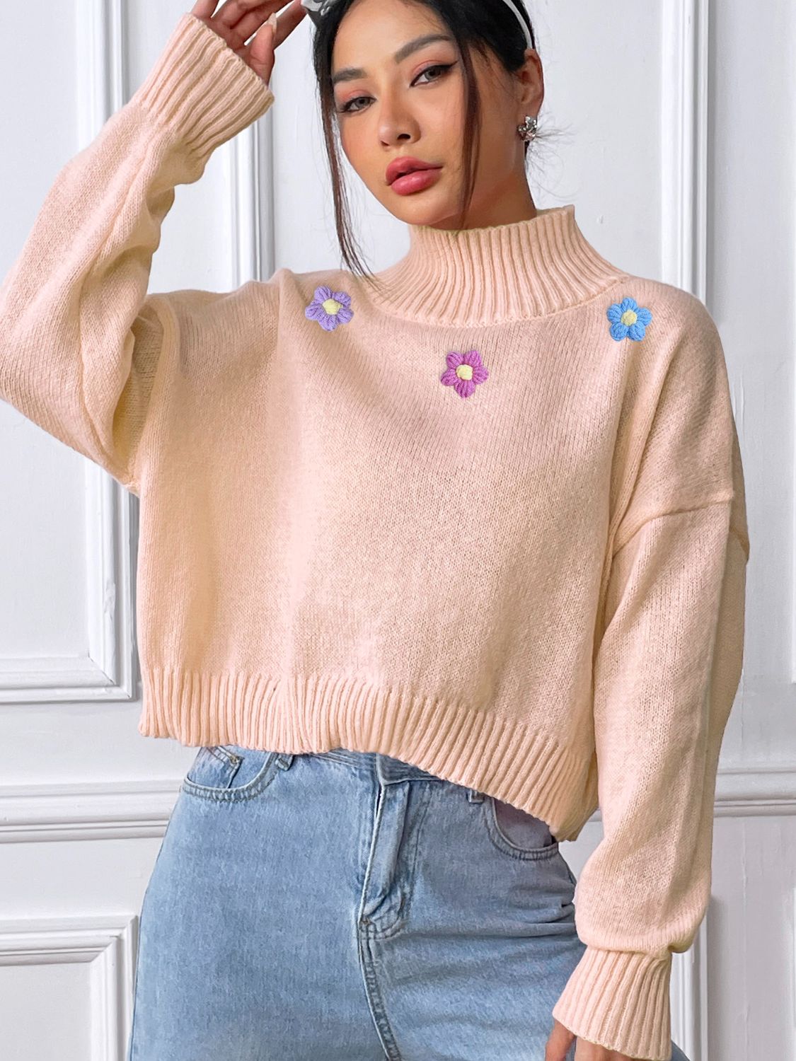 Flower Turtleneck Long Sleeve Sweater-Angel Casuals