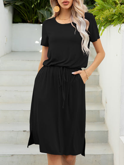 Round Neck Short Sleeve Slit Dress with Pockets-Angel Casuals