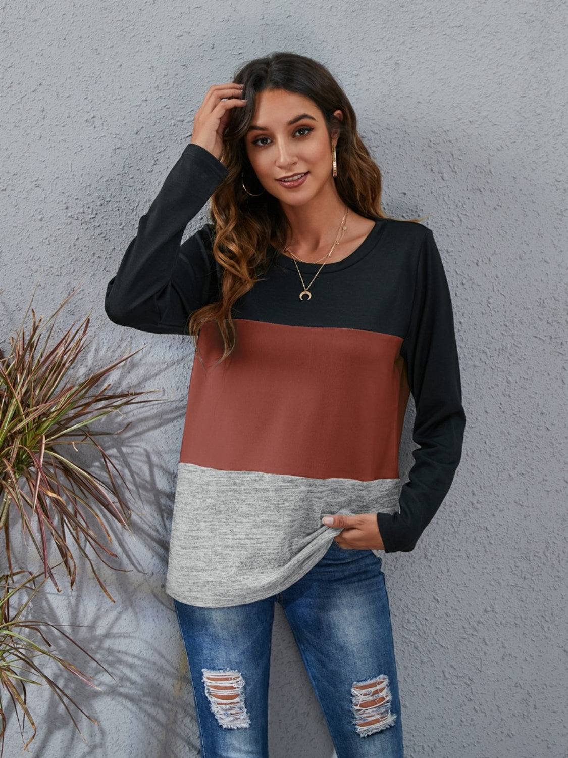Color Block Round Neck Long Sleeve T-Shirt-Angel Casuals